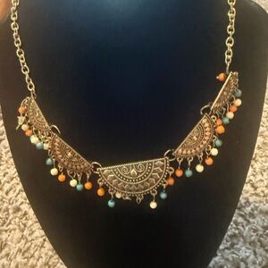 Boho Multi-Bead Antique Gold Crescent Necklace 1